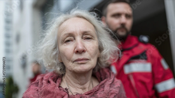 Fototapeta An elderly woman with curly gray hair looks thoughtfully into the distance, wearing a red scarf while a man in a red jacket stands protectively behind her