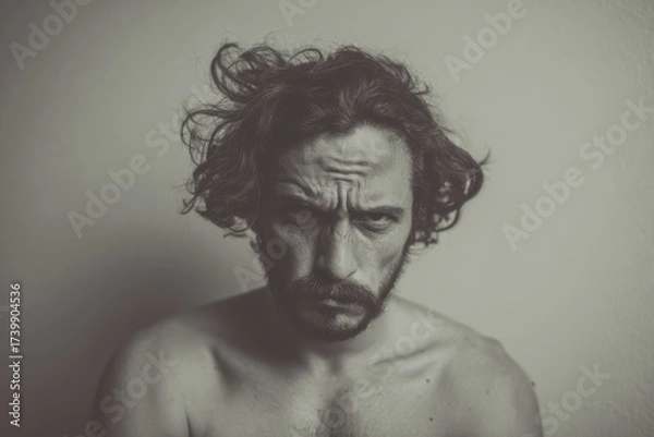 Fototapeta A young man with curly hair and a playful curled moustache expresses a serious and intense look in a black and white studio portrait