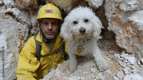 Fototapeta A rescue worker in a yellow suit and helmet poses with a small white dog amid debris in a ruined area, showcasing teamwork in challenging conditions