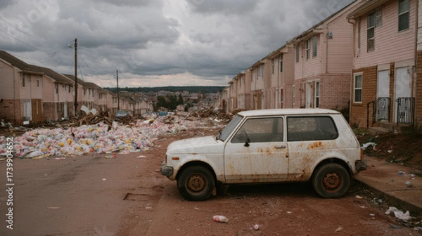 Fototapeta A deserted suburban neighborhood shows a white car crushed under debris and trash scattered on the street with damaged houses in the background and stormy skies above