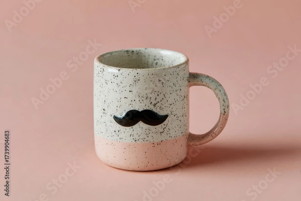 Fototapeta A charming white ceramic mug featuring a black mustache symbol on its surface set against a soft pink background creating a playful and whimsical aesthetic
