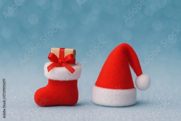 Obraz Festive christmas stocking and hat with gift holiday theme soft focus background joyful spirit