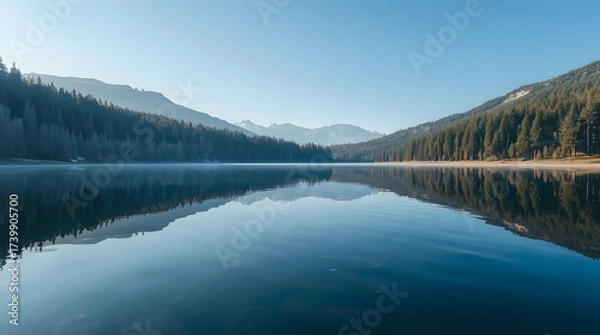 Fototapeta Stunning lake mirroring mountains and lush forest on a serene morning, perfect for nature lovers and outdoor adventure campaigns seeking tranquility