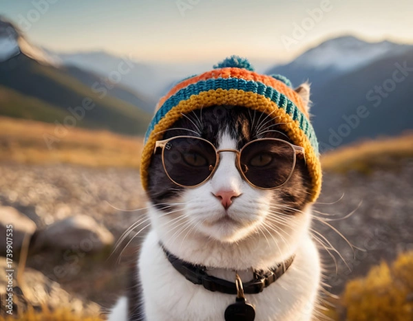 Fototapeta Cat wearing a beanie and sunglasses in the mountains. cat in snow