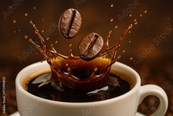 Fototapeta Dynamic coffee splash action photography in a warm environment highlights rich texture and flavor