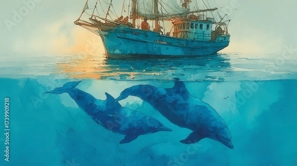Fototapeta Dolphins swimming beneath a vibrant ship, lively marine scene with playful aquatic mammals, ideal for nature themes or travel content.