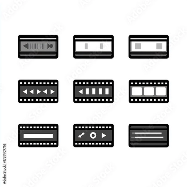 Obraz Media Player and Filmstrip Icons Set, Monochromatic Vector Illustration for Digital Interface Design