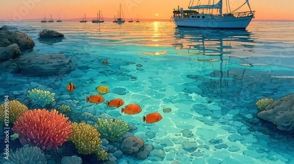 Fototapeta Vibrant underwater scene, colorful fish swimming in clear turquoise waters, small boat in background, ideal for travel themes.