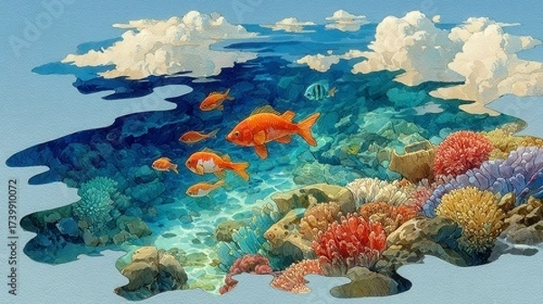 Fototapeta Colorful coral reef scene, vibrant marine life with various fish, clear blue water and fluffy clouds above, great for ocean themes.