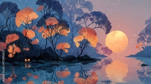 Fototapeta Tranquil sunset over serene lake, vibrant colors reflecting on water, lush trees framing the scene, peaceful nature setting.