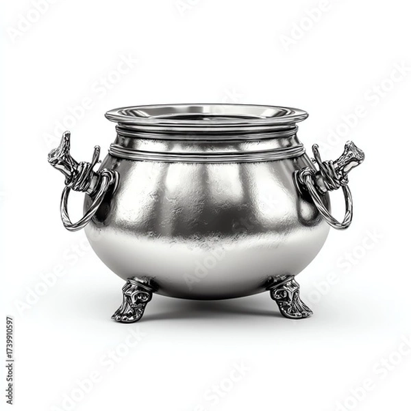 Fototapeta Antique Silver Cauldron: A meticulously crafted antique silver cauldron stands with a sleek, polished surface. with a detailed view and capture the elegance of this historical object.
