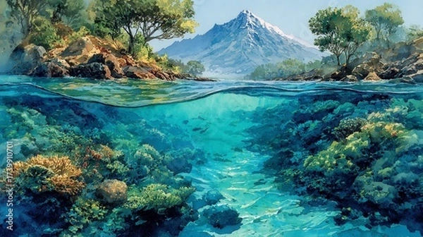 Fototapeta Vibrant underwater scene, colorful coral reef with exotic fish, serene water reflecting sunlight, ideal for nature themes.