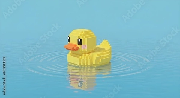 Fototapeta Pixelated Duckling's Serene Swim: A charming, pixelated yellow duckling bobs gracefully on calm water, its simple form conveying a sense of peace and tranquility. 