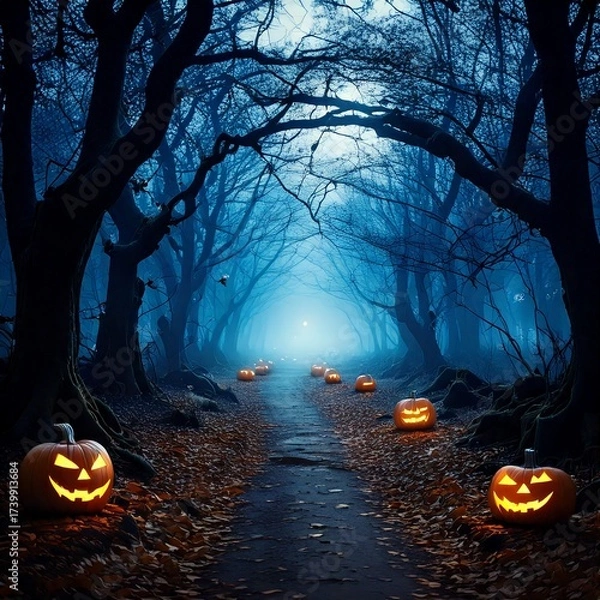 Fototapeta Spooky Forest Path with Jack-o'-Lanterns
