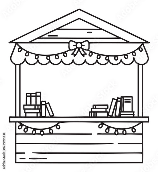 Fototapeta Black outline of a simple bookshop stall with books arranged on shelves and decorative lights below the canopy.