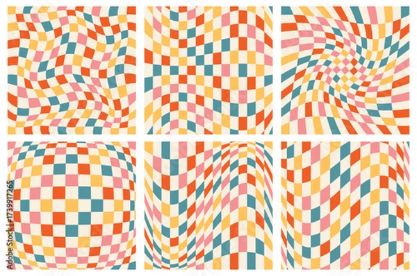Fototapeta Six of colored wavy checkerboard in retro groovy style. Twisted, warped square background, checkered pattern with distorted effect. Psychedeliс geometric backdrop Y2k. Vector optical illusion EPS10