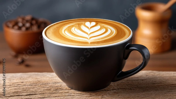 Fototapeta 3d swirl pattern in coffee art creates heart shape in creamy foam on black cup with warm wooden background