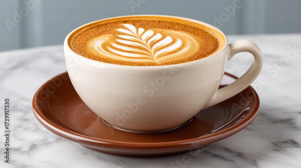 Fototapeta 3d swirl pattern in coffee art creates beautiful heart shape in creamy foam on white cup with brown saucer