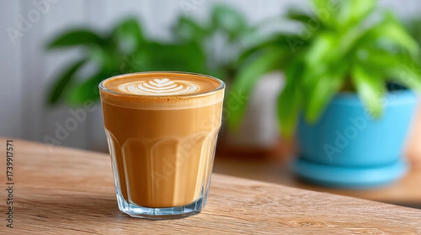 Fototapeta 3d swirl pattern in coffee art creates beautiful design in glass cup on wooden table with plants