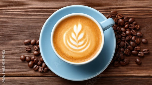 Fototapeta 3d swirl pattern in coffee art creates beautiful design in blue cup on wooden table with coffee bean