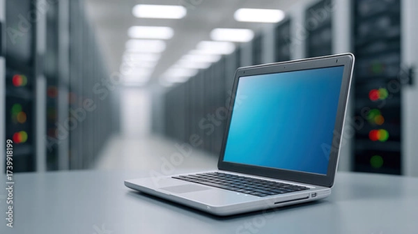 Fototapeta Ai integration in enterprise workflow coding shown by laptop in modern server room technology environment