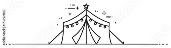 Fototapeta Black outline icon of a decorative circus tent with a star on top and string lights, symbolizing festivities and entertainment.