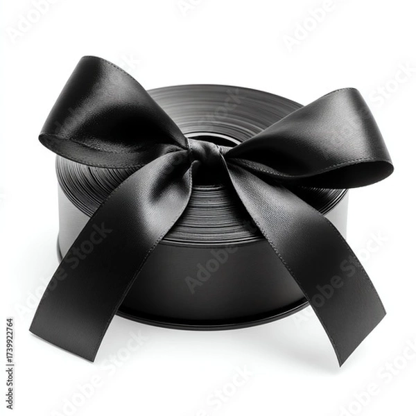 Fototapeta Elegant Black Ribbon: A tightly coiled roll of sleek black ribbon, adorned with a meticulously crafted bow, exuding sophistication and readiness for wrapping or decoration.