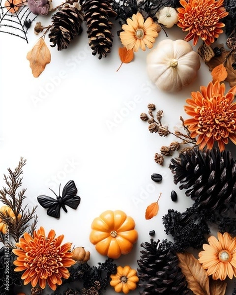 Fototapeta Autumnal Bloom: A captivating arrangement of autumnal elements, including vibrant orange and yellow flowers, miniature pumpkins, and intricate pinecones.