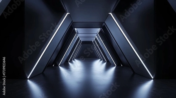 Obraz Dynamic Black Abstract Geometric Patterns Futuristic Technology Showroom Background Modern Digital Visualization