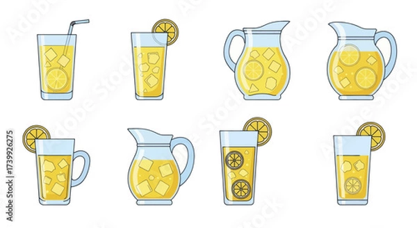 Fototapeta Set of lemonade glasses and pitchers with ice and lemon slices.