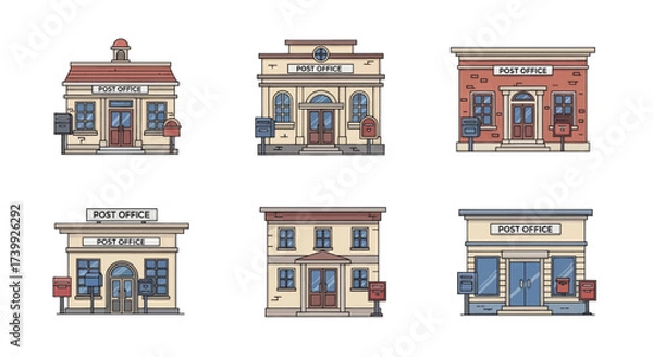 Fototapeta Post Office Building Collection in Flat Line Art Style.