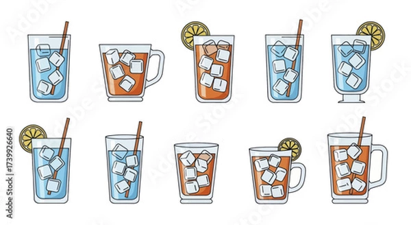 Fototapeta Set of assorted cold drinks in glasses with ice cubes and straws.