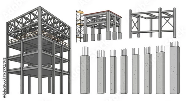 Fototapeta Vector set of building frame structures and reinforced concrete pillars.