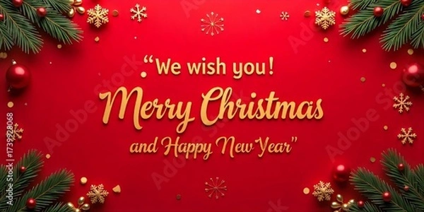 Fototapeta graphic a Christmas greeting text and embellishments red background, is the greeting "Merry Christmas and Happy New Year," Above the words “Merry Christmas” is "We wish you".