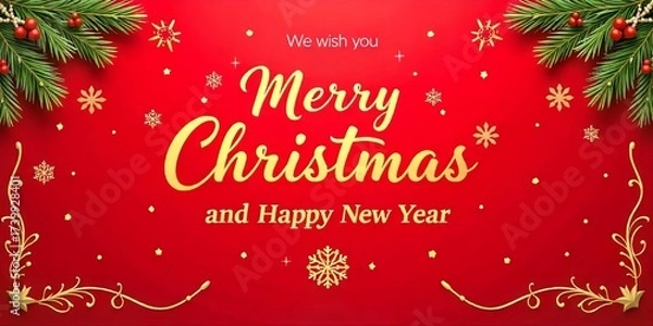Fototapeta graphic a Christmas greeting text and embellishments red background, is the greeting "Merry Christmas and Happy New Year," Above the words “Merry Christmas” is "We wish you".