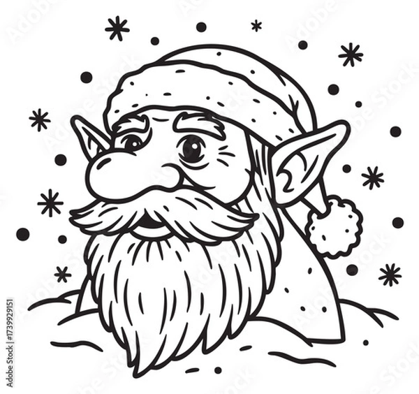 Fototapeta Black outline drawing of a cheerful bearded elf wearing a santa hat surrounded by snowflakes in a whimsical style.