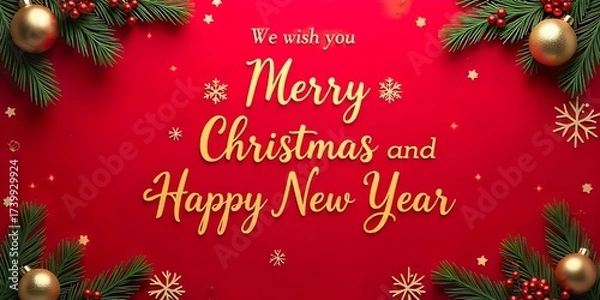 Fototapeta graphic a Christmas greeting text and embellishments red background, is the greeting "Merry Christmas and Happy New Year," Above the words “Merry Christmas” is "We wish you".