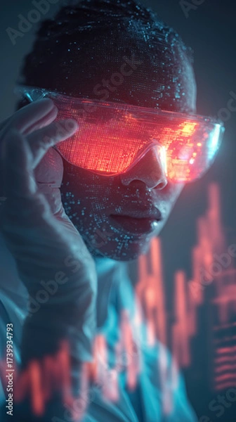 Fototapeta Doctor wearing VR glasses standing in front of  a glowing heart cardiogram Ecg chart projected on digital screen.