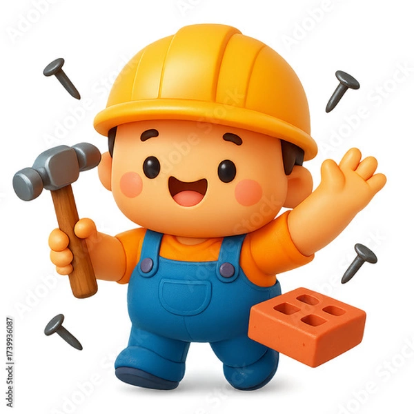 Fototapeta 3D cartoon illustration of a cute boy builder holding a hammer, isolated on a transparent background. Concept of construction, repair, DIY, and friendliness with a playful kawaii mascot character.
