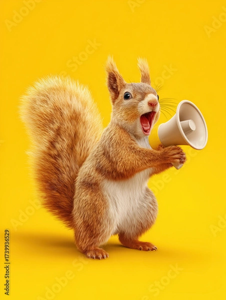 Fototapeta Playful squirrel holding a megaphone and shouting, bright yellow background. 