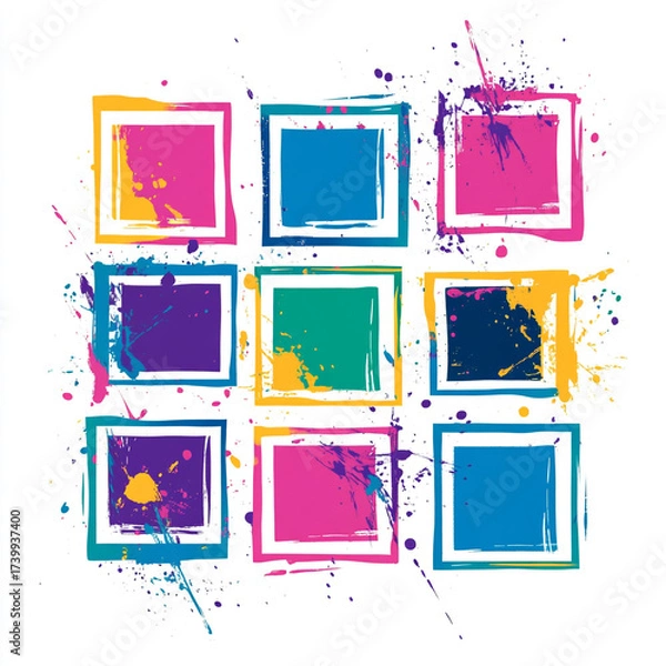 Fototapeta A vibrant, abstract vector illustration featuring a white square frame layered over a background of bright paint splatters and ink drips in yellow, blue, purple, and magenta colors.