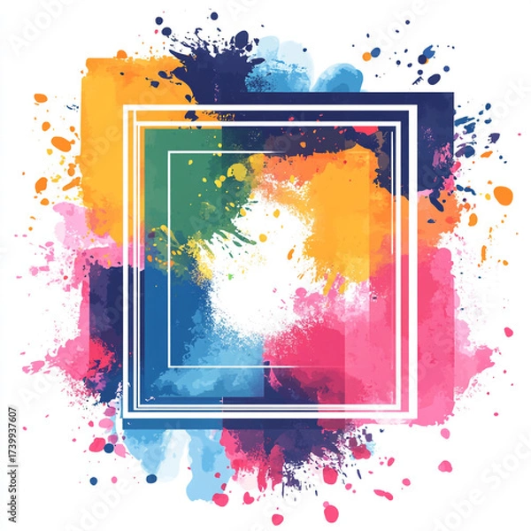 Fototapeta A vibrant, abstract vector illustration featuring a white square frame layered over a background of bright paint splatters and ink drips in yellow, blue, purple, and magenta colors.