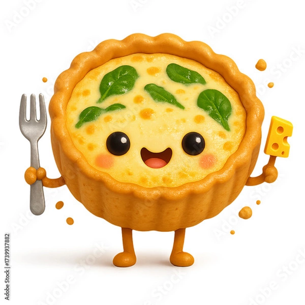 Fototapeta 3D illustration of a smiling cartoon quiche character mascot. Concept of bakery, kids menu, and vegetarian food.