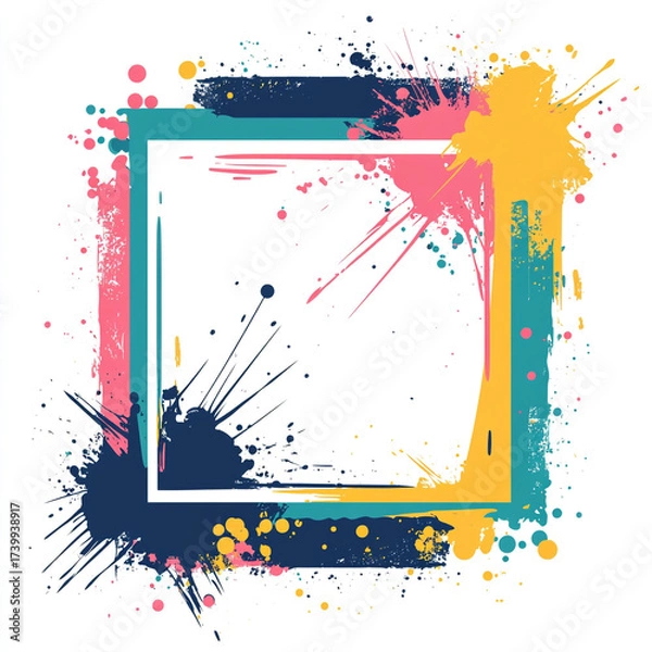 Fototapeta A vibrant, abstract vector illustration featuring a white square frame layered over a background of bright paint splatters and ink drips in yellow, blue, purple, and magenta colors.