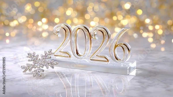 Fototapeta 2026 New Year's Vision: A shimmering glass sculpture of the year 2026 glistens, beside a delicate snowflake, set against a backdrop of soft, celebratory bokeh lights.