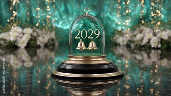 Fototapeta 2029 Celebration: The year 2029 glitters with promise. A glass dome encases two golden bells and the year, reflecting off a reflective surface. Capturing a sense of anticipation, celebration.