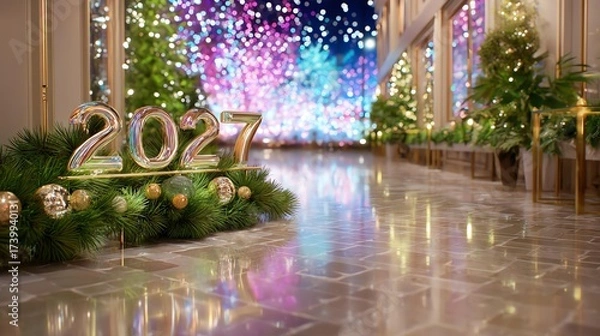 Fototapeta New Year's Eve Gala 2027: An enchanting entrance hall set to usher in the New Year, showcasing a display of illuminated décor amidst a burst of vibrant celebratory lights.