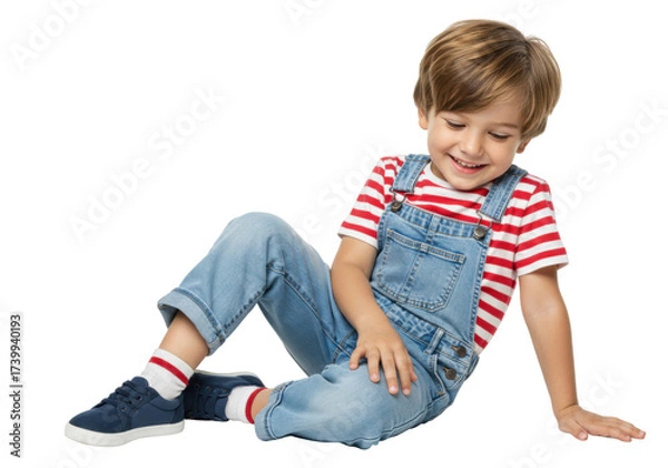 Fototapeta Smiling little boy in denim overalls and striped shirt isolated on transparent background, happy child sitting and looking down