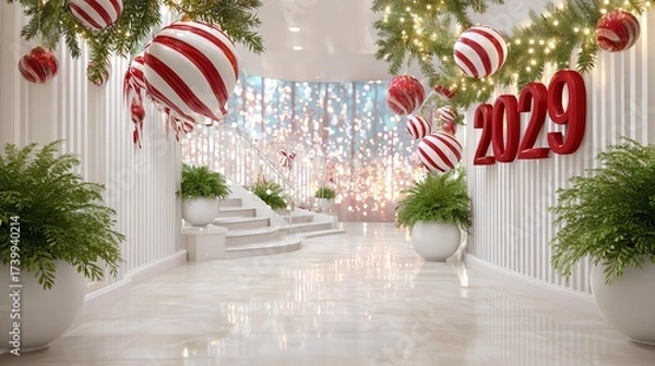 Fototapeta New Year's Festivity: A modern, festive interior is adorned with delightful decorations, featuring balloons, lights, and the number 2029, offering a vibrant sense of the approaching New Year.