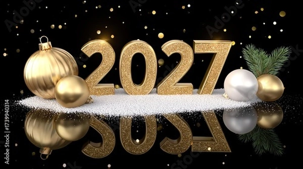 Fototapeta Celebrating New Year 2027: A festive composition with golden numerals and decorative ornaments marks the dawn of a new year, reflecting in a polished surface with elegant touches.